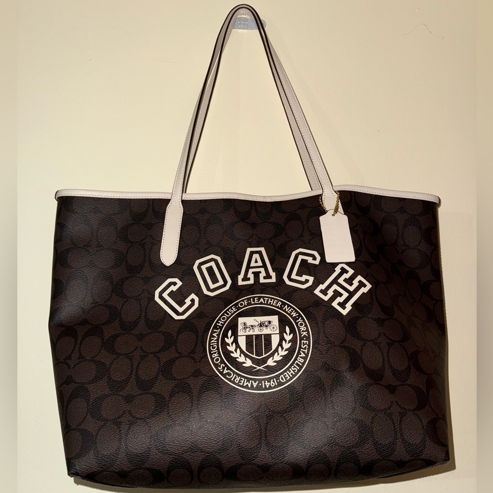 Coach Brown Signature Tote with White Trim and Logo